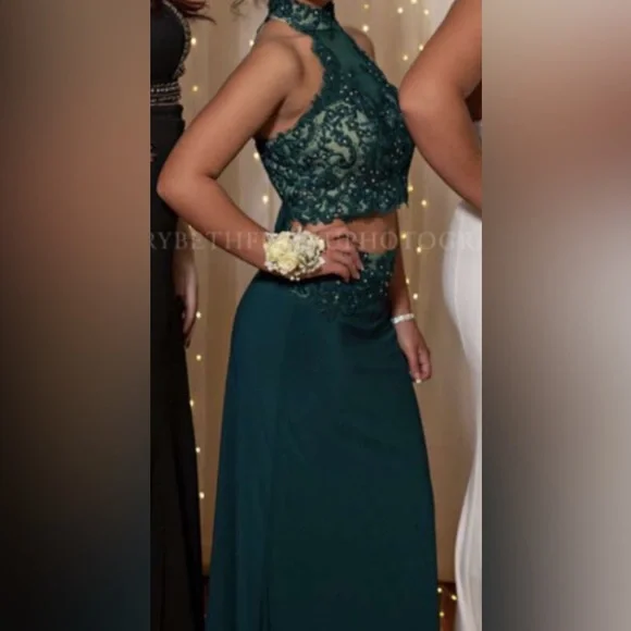 emerald green 2 piece prom dress Satin Green Two Piece Turquoise Long Prom Dress Prom Gown US4 / As Picture main image 0